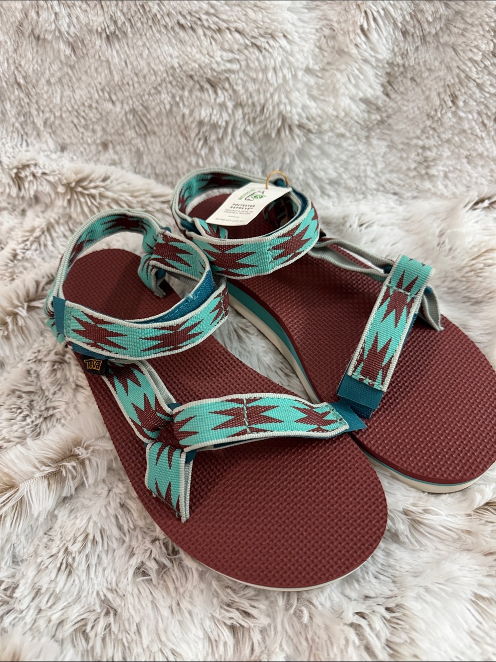 Teva Women’s Turquoise Patterned Strap Sandals with Burgundy Footbed